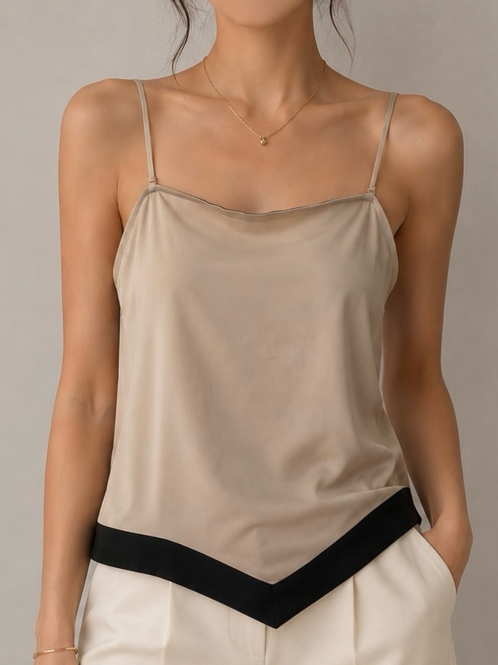 BOLD elements Beige Satin Camisole with Black Chevron Trim
